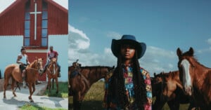 A split image showing two men on horseback in front of a church on the left, and a woman in a cowboy hat among horses on the right.