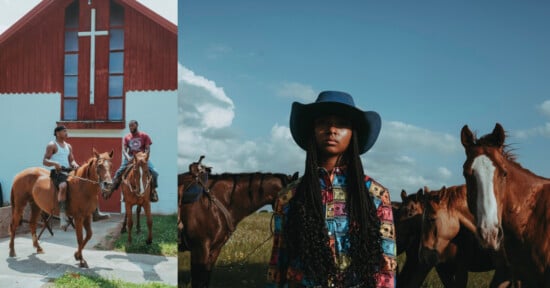 A split image showing two men on horseback in front of a church on the left, and a woman in a cowboy hat among horses on the right.