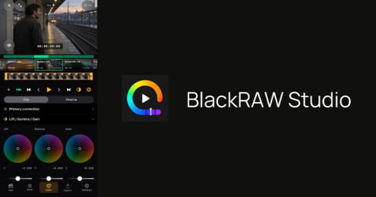 A screenshot of the BlackRAW Studio interface showing a video editing workspace with color correction controls, a timeline, and a preview window.