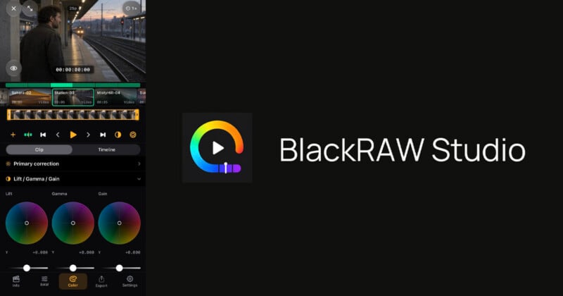 A screenshot of the BlackRAW Studio interface showing a video editing workspace with color correction controls, a timeline, and a preview window.