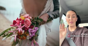 A split-screen image shows a bride and groom holding a colorful floral bouquet on the left and a woman speaking in a car on the right with the text "MY 13TH REASON.