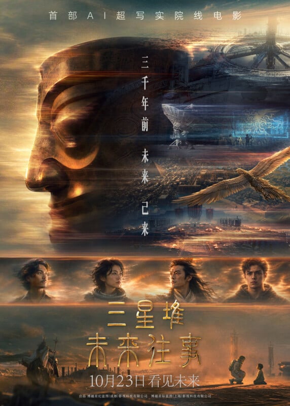 A movie poster for "Sanxingdui: Future Past" features a giant bronze mask, a futuristic city, and four characters, with text in Chinese and a release date of October 23.