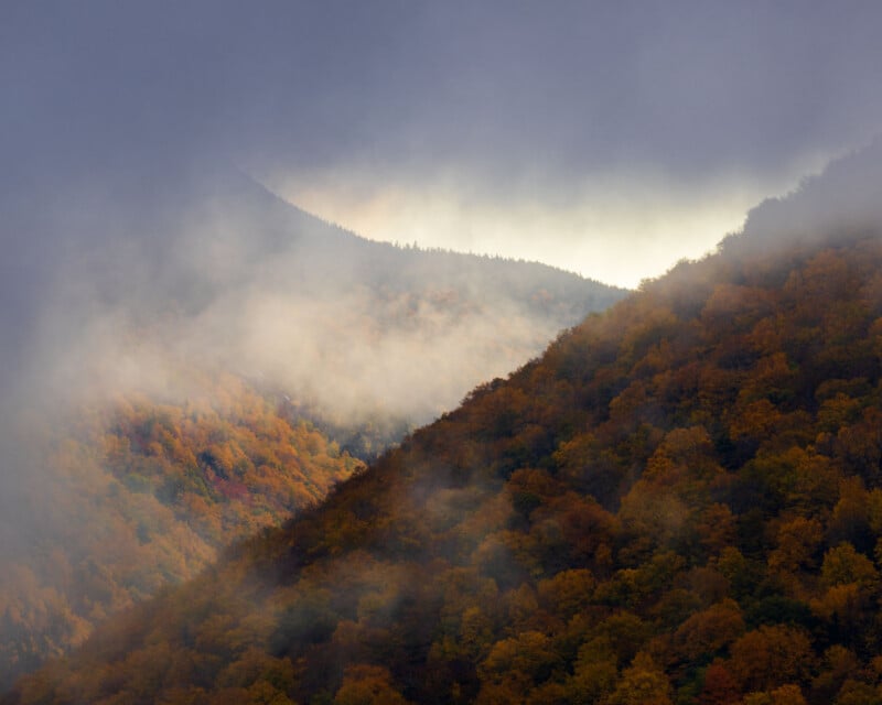 Mist clings to the slopes of a mountain covered in dense, autumn-colored trees under a cloudy sky.