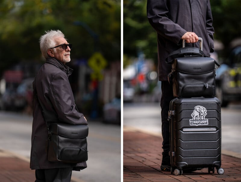 A split-screen view shows an older man with white hair and sunglasses wearing a black shoulder bag, and a close-up of a person holding a suitcase with a matching bag on top, featuring a sticker that reads "Three Blind Men and an Elephant.