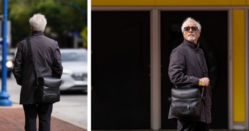 A split-screen view shows a man with gray hair wearing a dark jacket and carrying a black messenger bag, seen from behind on the left and from the front on the right.