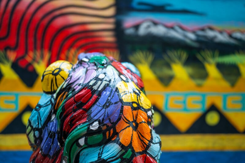 A close-up of a brightly painted, textured sculpture with floral patterns sits in the foreground against a blurred, colorful mural featuring geometric shapes and mountain imagery.