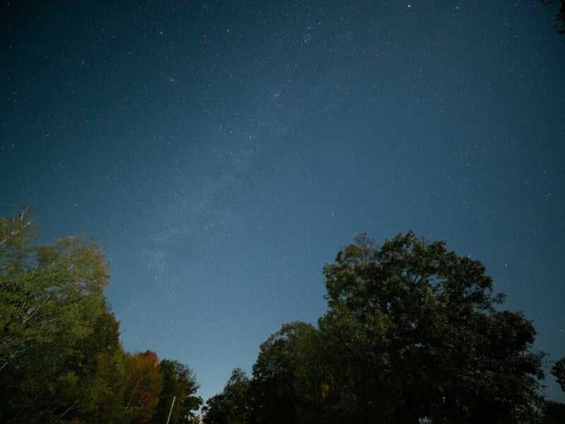A starry night sky viewed from below, framed by the silhouettes of trees on the left and right.