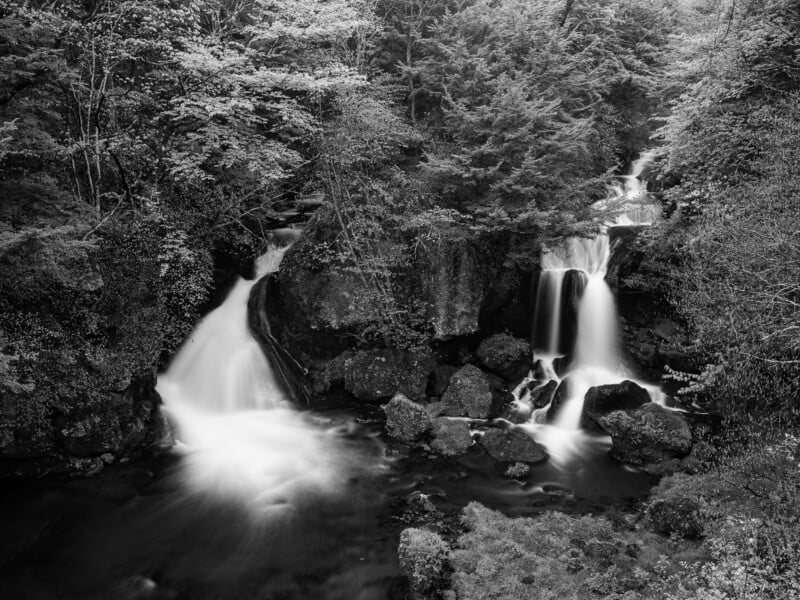 A black and white long-exposure shot of a cascading waterfall flowing over dark rocks surrounded by dense forest foliage.