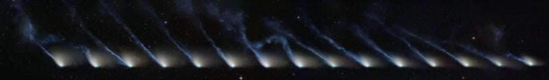 A composite panoramic view showing the progression of a comet with a bright head and a long, blue ion tail across a starry sky.