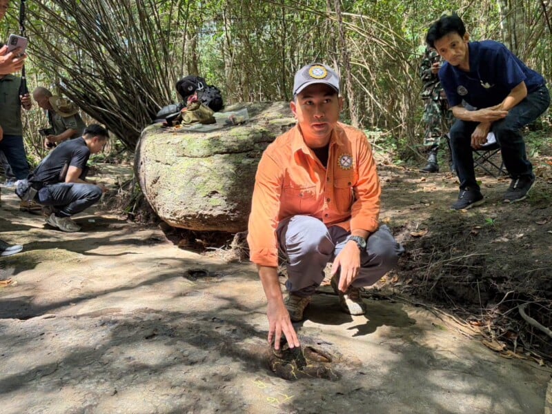 A man in an orange shirt crouches in a forest to point at a large, fossilized dinosaur footprint on a flat rock surface, surrounded by several other people observing the site.