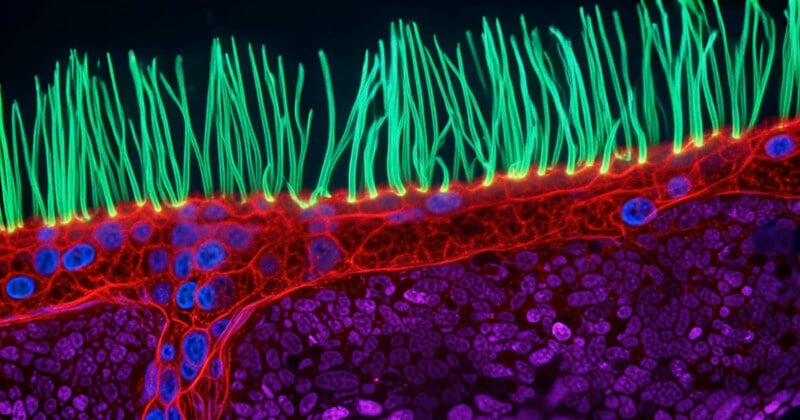 A fluorescence microscopy image shows a layer of cells with long, green, hair-like cilia extending from their surface.