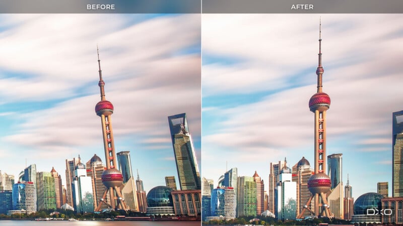 A side-by-side comparison shows a slanted cityscape on the left corrected to a vertical orientation on the right.
