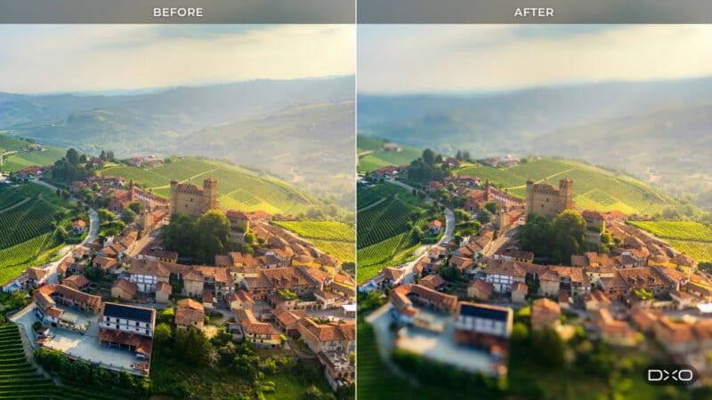 A side-by-side comparison of a landscape showing a hilltop village in Italy, with the right side featuring a tilt-shift blur effect.