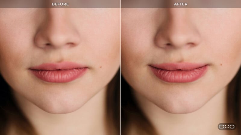 A split-screen comparison showing a close-up of a person's mouth before and after skin retouching, with the DxO logo in the bottom right corner.