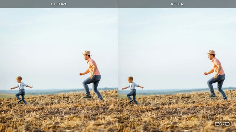 A side-by-side comparison shows a man and a young boy running across a harvested field, with the right side appearing slightly brighter and more vibrant.