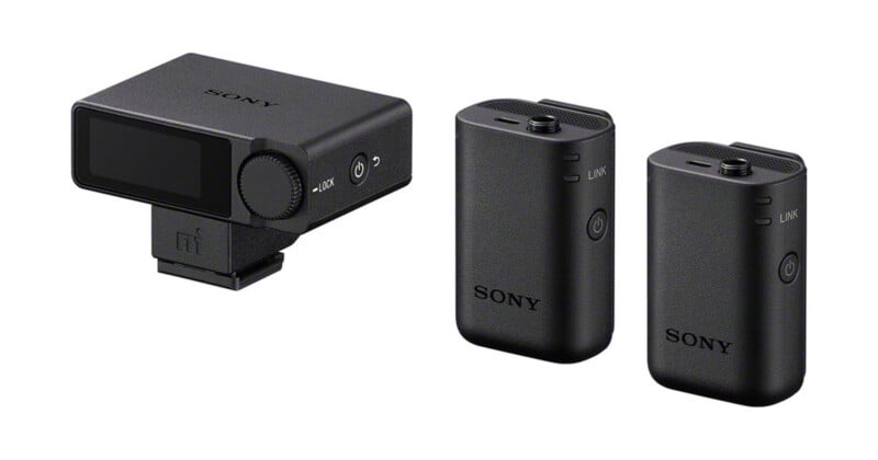 A Sony wireless microphone system consisting of one receiver with a display and two compact transmitters, all in black.
