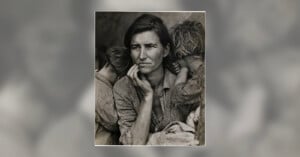 A black-and-white portrait of a woman with a worried expression, resting her chin on her hand, flanked by two children leaning against her shoulders.