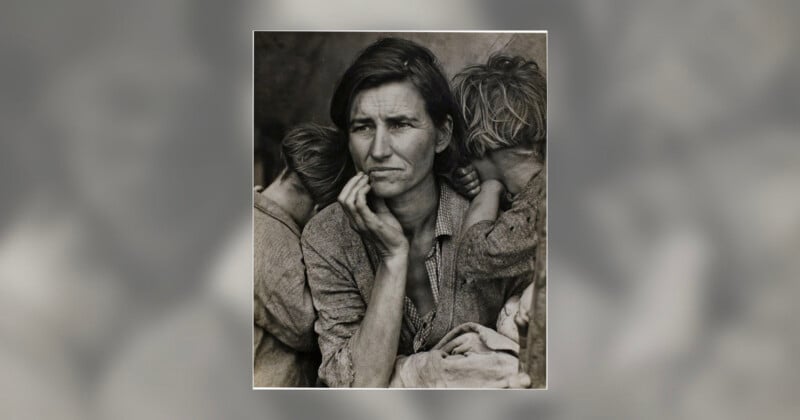 A black-and-white portrait of a woman with a worried expression, resting her chin on her hand, flanked by two children leaning against her shoulders.