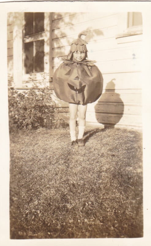 A child stands on a lawn in front of a house wearing a round, fabric pumpkin costume with a matching hat.