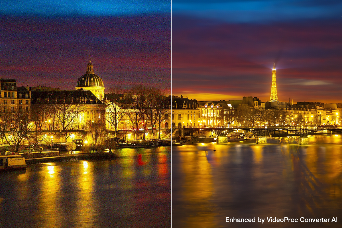 A split-screen comparison shows a grainy, dark night cityscape on the left and a clear, enhanced version on the right.