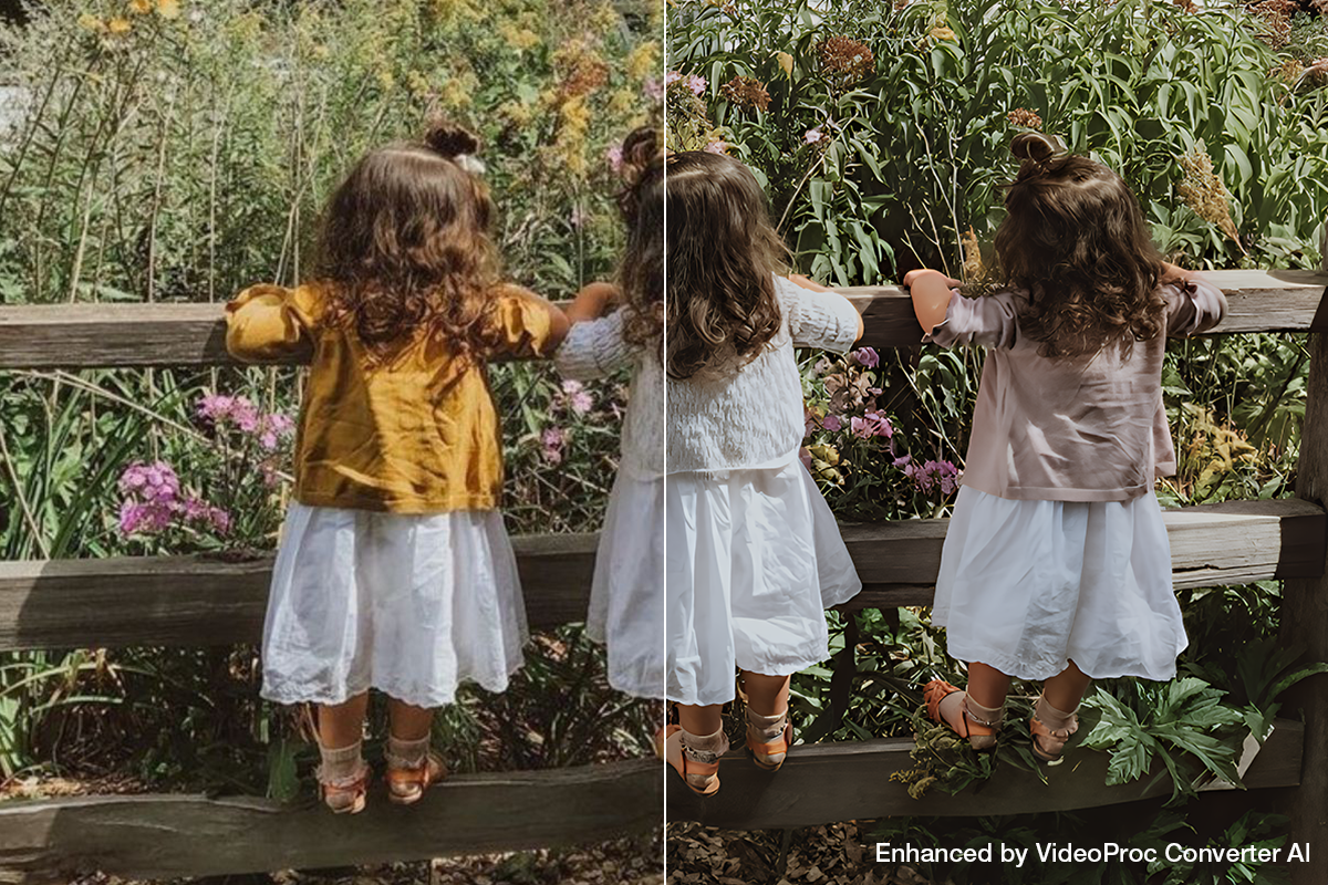 A split-screen comparison shows two young children with curly hair standing on a wooden fence, looking out at a garden.