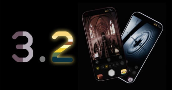 The number 3.2 is displayed next to two smartphones showing a camera interface with manual settings and a photo of a church interior.