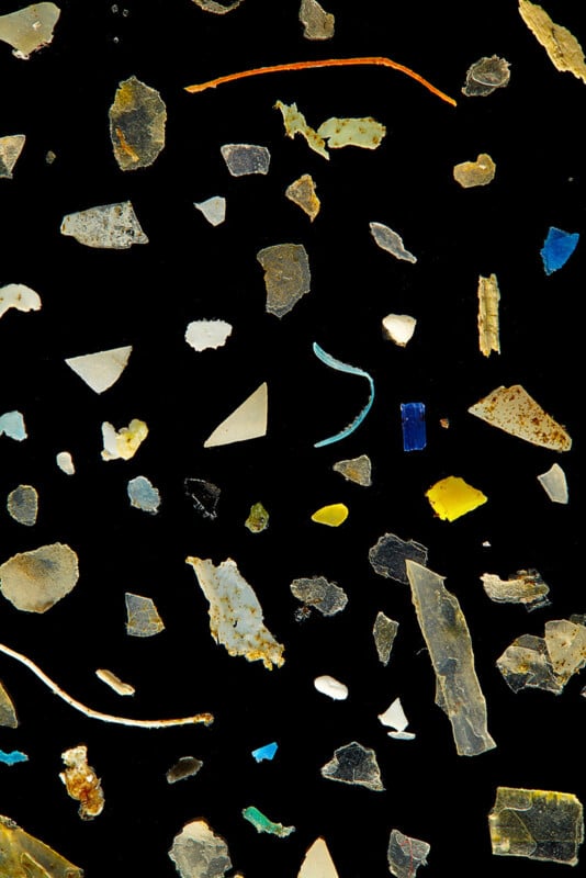 A collection of various small, colorful plastic fragments and fibers scattered against a solid black background.