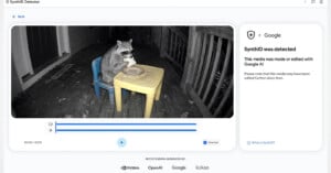A SynthID detector interface displays a video of a raccoon eating a sandwich at a small table, with a notification that Google AI was detected.