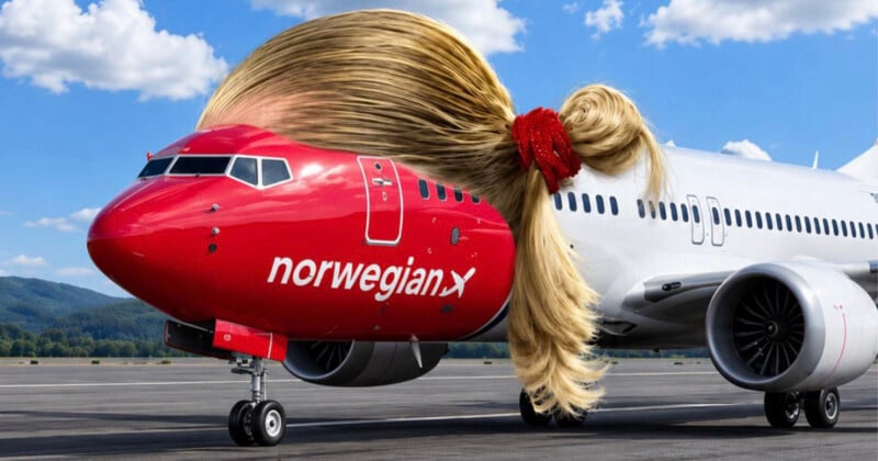 A Norwegian Air airplane on a runway has been edited to have a large, blonde ponytail with a red scrunchie on its roof.