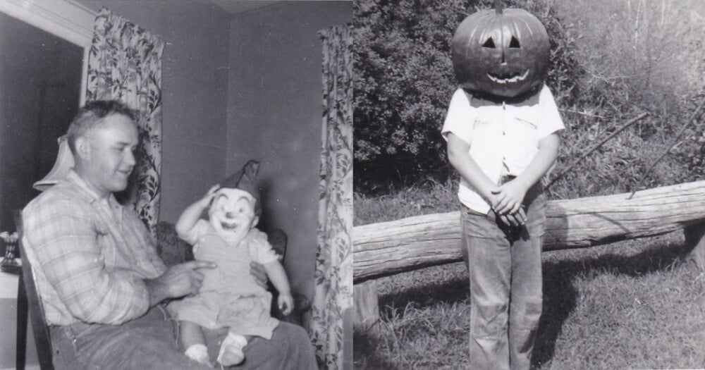 A split image showing a man holding a baby in a clown mask on the left, and a child wearing a carved pumpkin as a mask on the right.