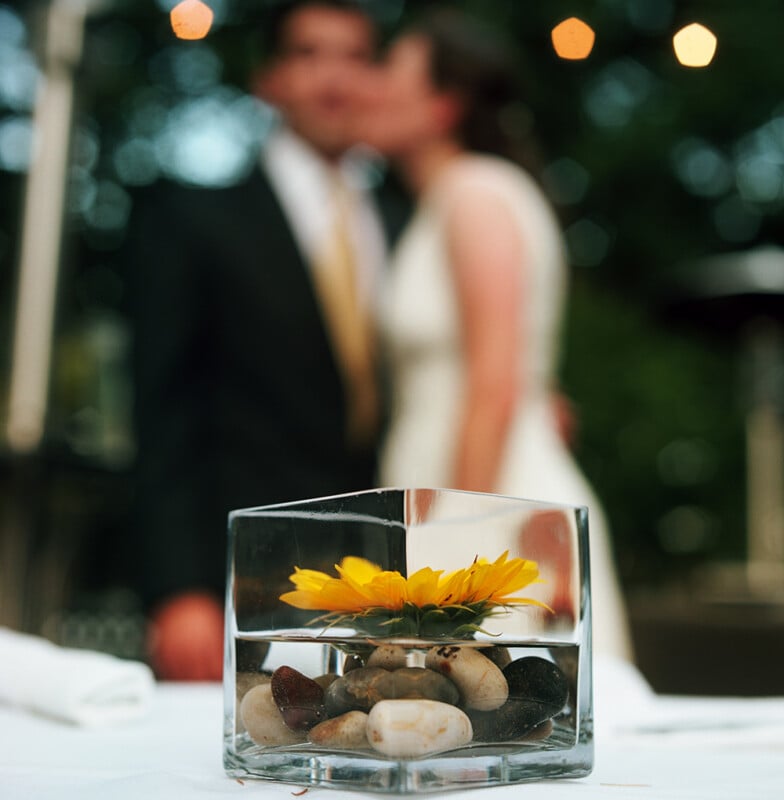 A sunflower floats in a square glass vase filled with water and smooth river stones, with a blurred couple in the background.