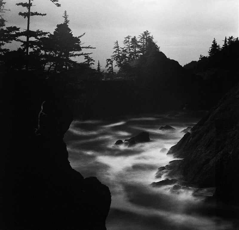 A black and white long-exposure view of a rocky coastline with silhouetted trees atop cliffs overlooking misty, blurred water.