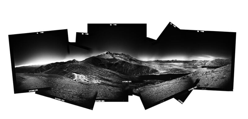 A panoramic black-and-white landscape of a mountain range, presented as a collage of overlapping film negatives labeled ILFORD SFX.