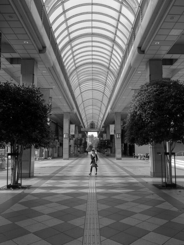 A person walks down the center of a symmetrical, covered pedestrian walkway with a high arched glass ceiling and checkered floor.