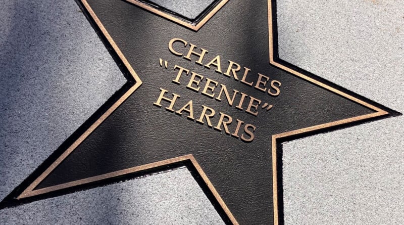 A bronze-colored star embedded in a gray stone sidewalk, featuring the engraved text "CHARLES 'TEENIE' HARRIS".