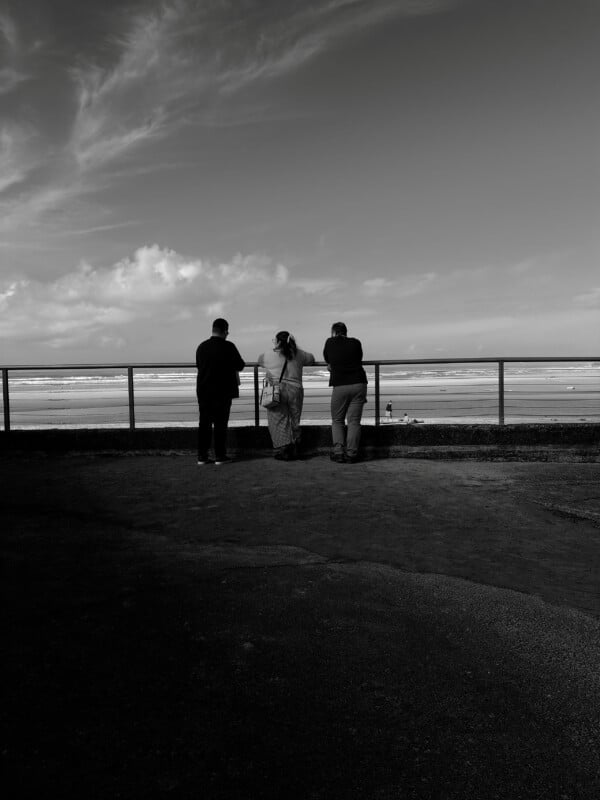 Three people stand side-by-side leaning against a metal railing, looking out at a beach and the ocean under a cloudy sky.