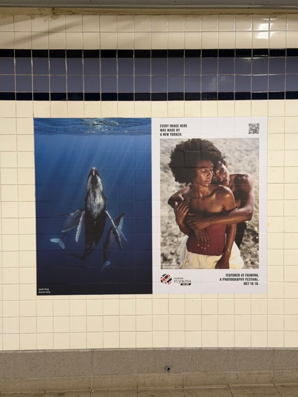 A subway wall poster features a split-screen display: a whale swimming underwater on the left and a couple embracing on the right, with text promoting the Fujifilm Fujikina photography festival.
