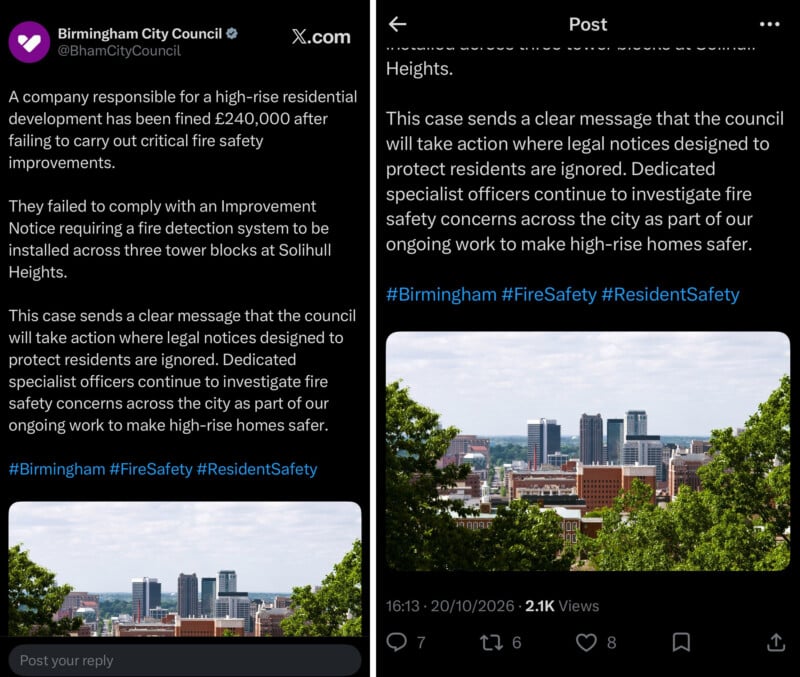 A social media post from Birmingham City Council reporting a £240,000 fine for a company failing to improve fire safety.