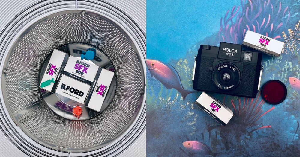 A split-screen view shows three boxes of Ilford SFX 200 film inside a metal mesh container on the left, and a Holga 120S camera with film and a red filter on a fish-themed background on the right.
