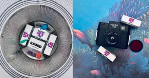A split-screen view shows three boxes of Ilford SFX 200 film inside a metal mesh container on the left, and a Holga 120S camera with film and a red filter on a fish-themed background on the right.