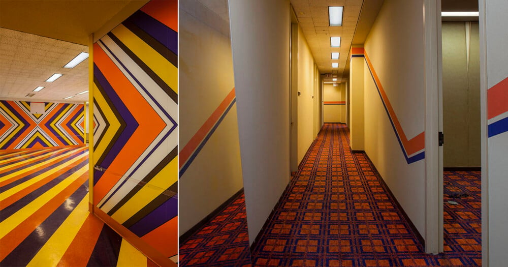 A split-screen view showing a room with bold, chevron-patterned walls and striped floors next to a hallway with patterned carpet.