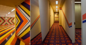 A split-screen view showing a room with bold, chevron-patterned walls and striped floors next to a hallway with patterned carpet.