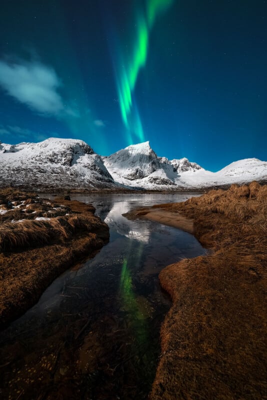 A vibrant green aurora borealis shines over snow-capped mountains, reflecting in a calm stream flowing through grassy banks.