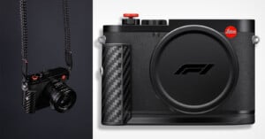 A Leica camera with a carbon fiber grip and an F1 logo on the lens cap, shown both hanging from a strap and as a close-up.