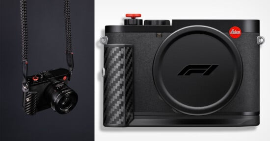 A Leica camera with a carbon fiber grip and an F1 logo on the lens cap, shown both hanging from a strap and as a close-up.