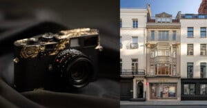 A split-screen view showing a black camera with gold floral engravings on the left and a Leica storefront on the right.