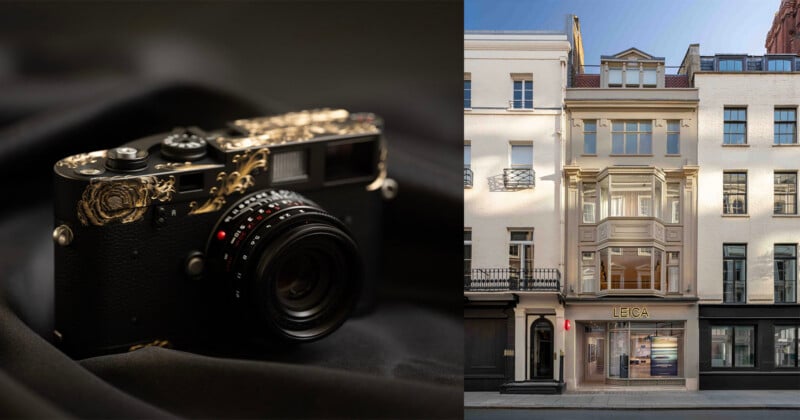 A split-screen view showing a black camera with gold floral engravings on the left and a Leica storefront on the right.