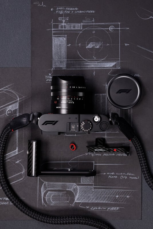 A top-down view of a black camera with an F1 logo, its lens, a lens cap, a hand grip, and a camera strap arranged on a dark surface featuring technical sketches and handwritten notes.