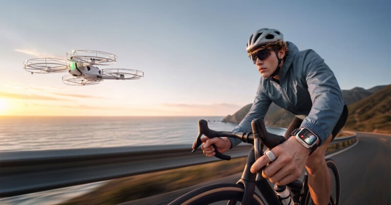 A cyclist in a helmet and sunglasses rides along a coastal road while a small drone flies alongside him.