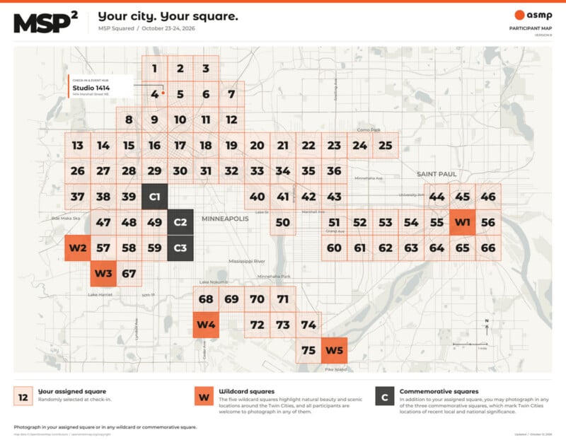 A map of Minneapolis and Saint Paul divided into a numbered grid, highlighting assigned, wildcard, and commemorative squares for a photography event.